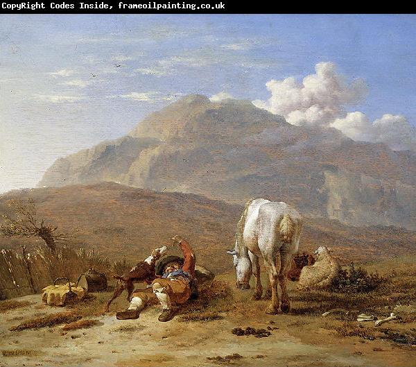 Karel Dujardin Southern landscape with young shepherd and dog.